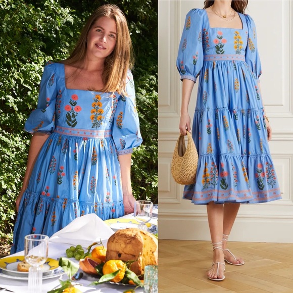 Agua by Agua Bendita Miel Dahlia Cotton Poplin Midi Dress Blue - Picture 1 of 10